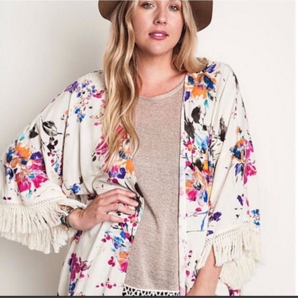 Umgee Tops - Umgee Cream Floral Fringe Kimono